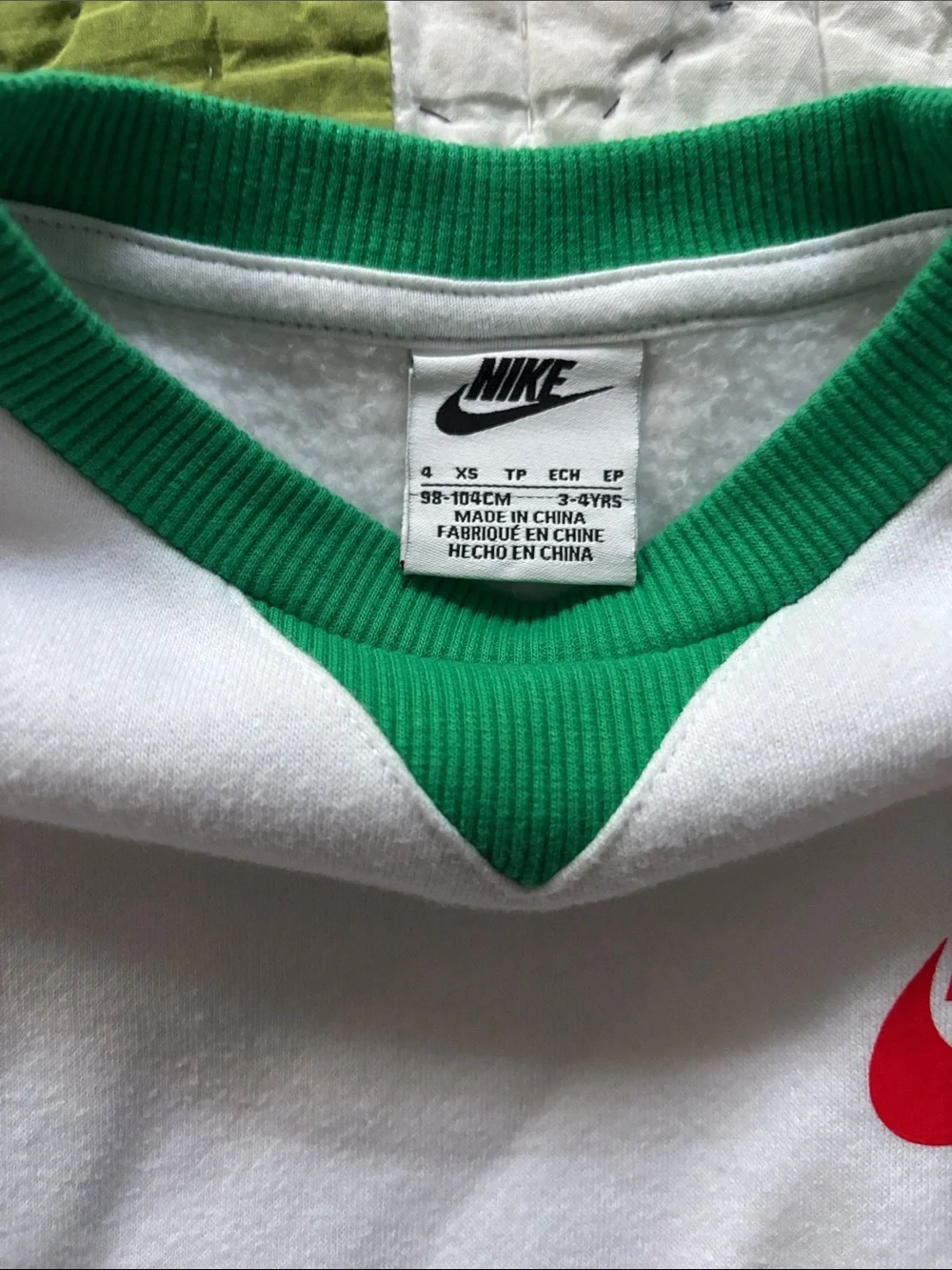Nike White Sweatshirt with Green Collar and Blue Trim